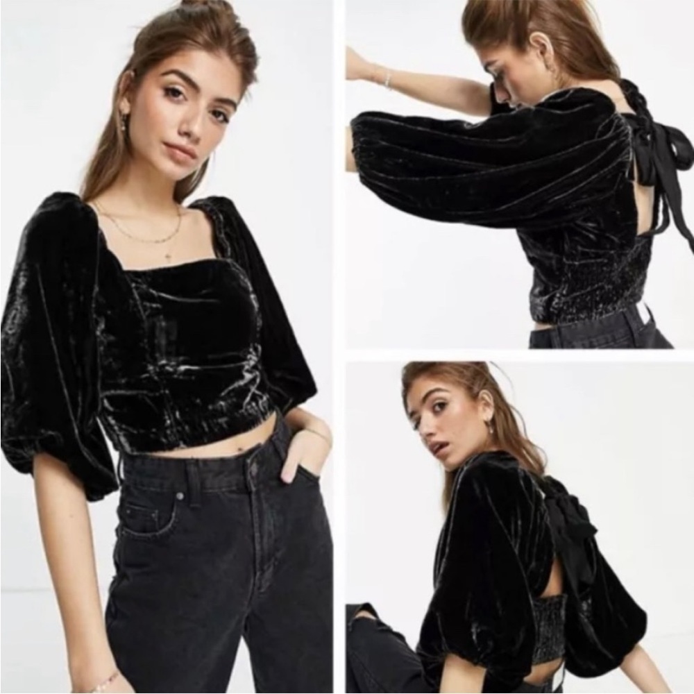 Free People Marie Velvet Open Back Crop Top Black